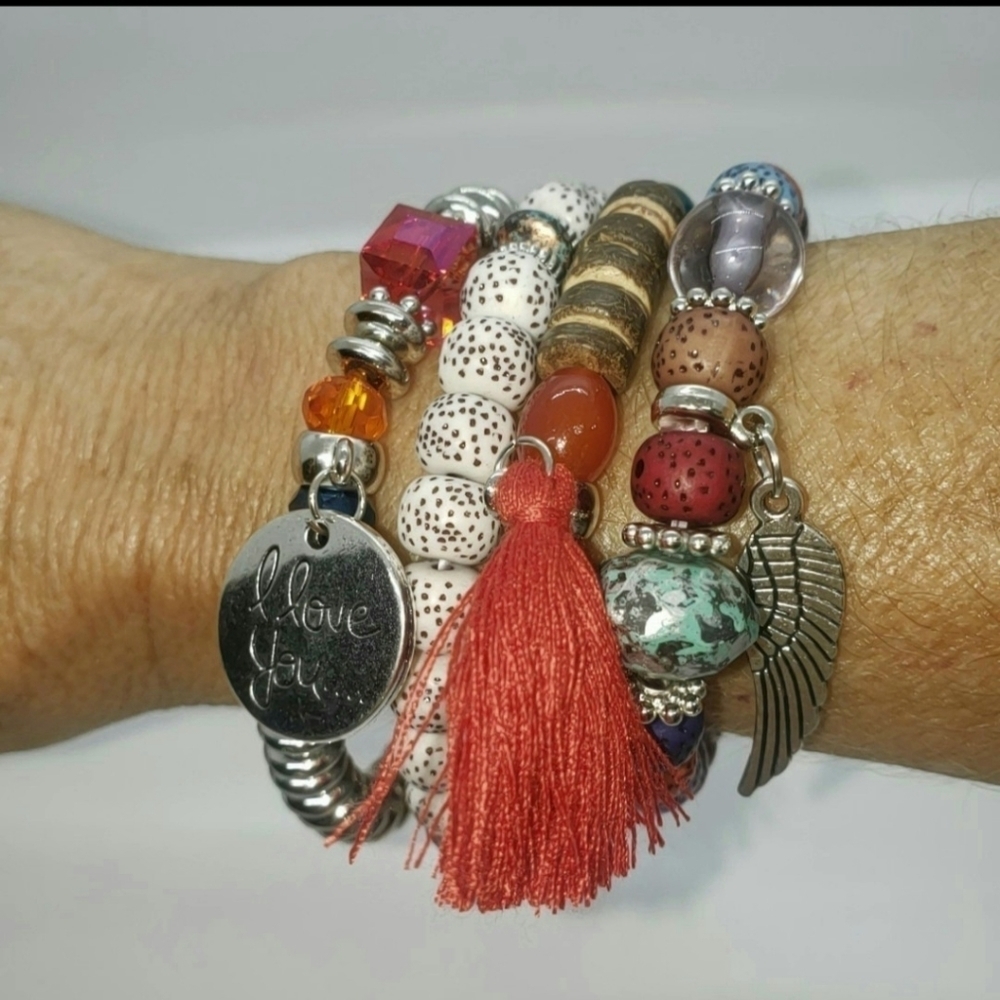 Beaded Multi-layer Bracelet With Tassel & Charm 4 Bracelets Set - Picture 11 of 12